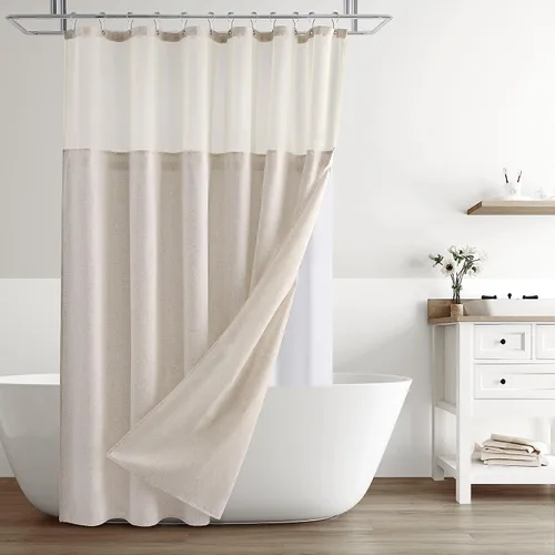Vista 11 de Naturoom Cortina de ducha de lino de 72 pulgadas para baño, color beige y blanco, doble capa