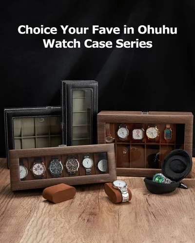 Vista 7 de Ohuhu Fundas de reloj para hombres, caja de reloj de piel sintética con 6 ranuras, tapa de cristal real, organizador de joyas, almacenamiento