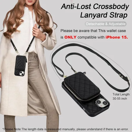 Vista 5 de Bocasal Funda tipo cartera con bandolera para iPhone 15, de cuero PU con bloqueo RFID, con cierre de cremallera, cartera tipo bolso con función
