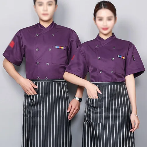 Vista 2 de Chaqueta de chef de manga corta con doble botonadura unisex, abrigo de chef para verano, transpirable, ropa de trabajo, uniforme