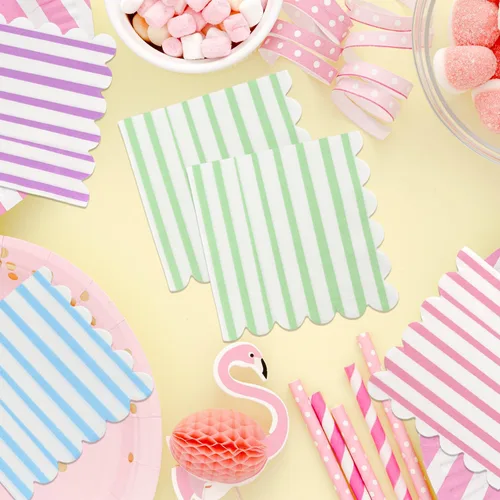 Vista 5 de 100 servilletas de cóctel boho arcoíris de papel festoneado a rayas de papel suave arcoíris helado servilleta de 5 x 5 pulgadas, color macarrón