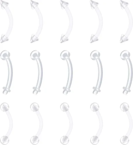 Vista 15 de FECTAS Aretes de plástico flexible transparente de 16G y 14G, anillos para cejas, barras curvadas, retenedores para piercing de vientre, 15