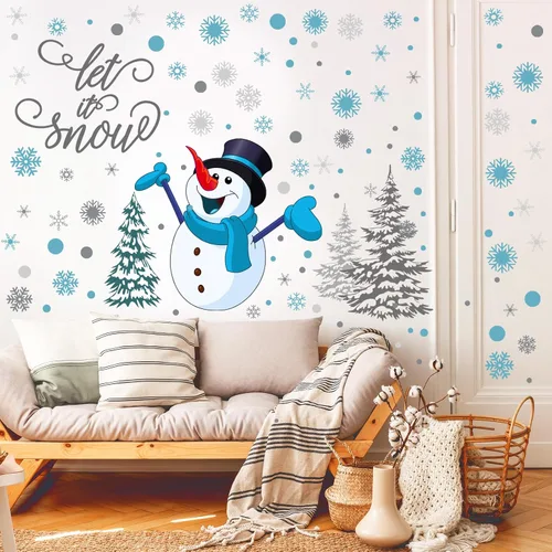 Vista 4 de Soaoo 63 calcomanías de pared de invierno, calcomanías de copos de nieve, calcomanías extraíbles de muñeco de nieve de Navidad, arte de pared