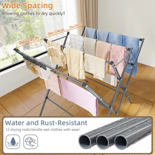 Vista 4 de HOMIDEC Tendedero de secado de ropa, 12 postes de secado grandes con clips para calcetines, estante de secado de ropa, plegable, portátil, para Plata
