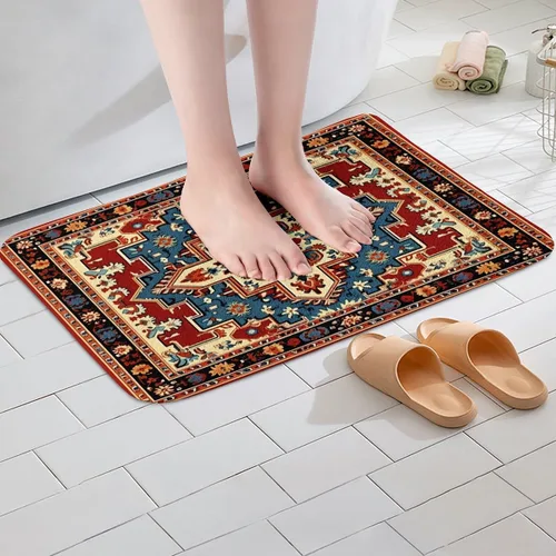 Vista 3 de Erosebridal Alfombras de baño vintage art decó, alfombra de baño antideslizante con medallón oriental rojo, 16 x 24 pulgadas, estilo bohemio, turco