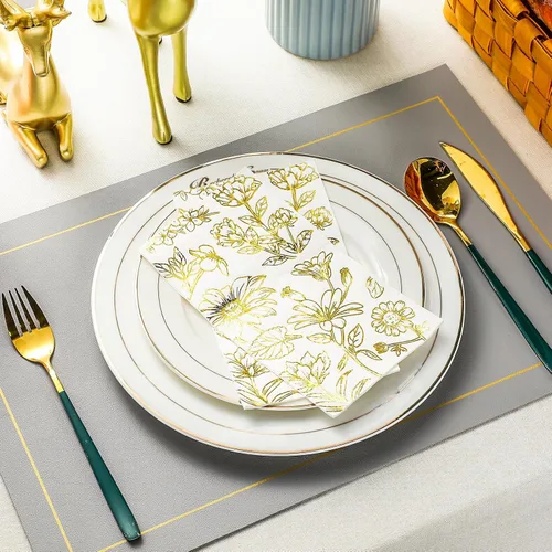 Vista 4 de Pasimy 100 servilletas de papel dorado desechables para invitados, servilletas de cóctel de papel floral, elegantes toallas de mano para cena