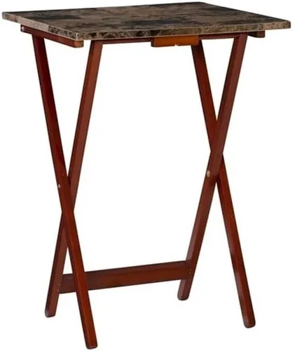 Vista 6 de Pemberly Row Juego de mesa plegable de madera de 5 piezas, parte superior de mármol sintético marrón, construcción de madera de caucho resistente