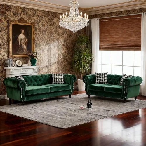 Vista 21 de Juego de 2 sofás de terciopelo negro moderno de mediados de siglo, sofá y sofá biplaza con botones copetudos, muebles para la sala, cómodo sofá Azul