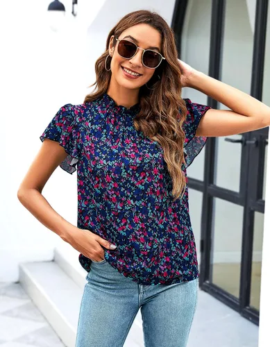 Vista 7 de SimpleFun - Blusas de verano con volantes y cuello de moca estilo bohemio para mujer, manga corta, estampado floral