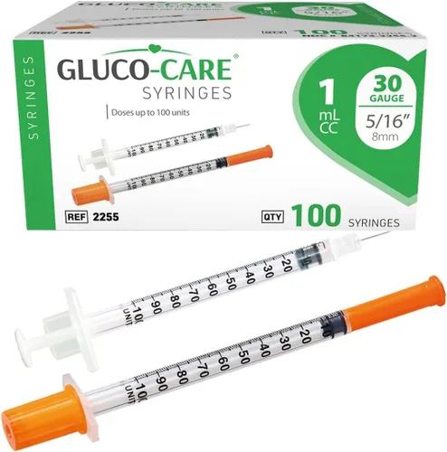 Vista 17 de GLUCO-CARE - Jeringas de 0.3 ml/cc, 30G x 5/16’’ (8mm), tapa naranja, 100/caja