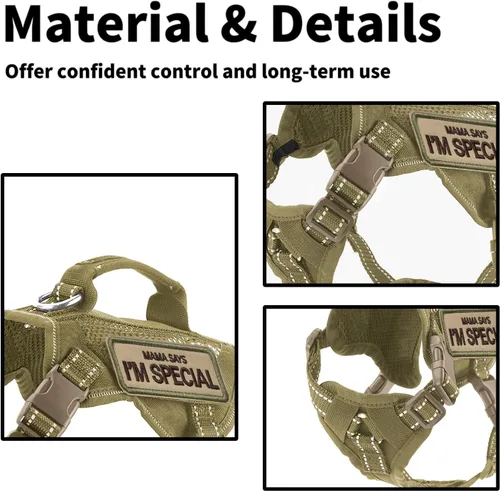 Vista 5 de Arnés táctico para perro pequeño, color caqui, ajustable, suave, acolchado para trabajar, chaleco de entrenamiento para perro, arnés sin tirones