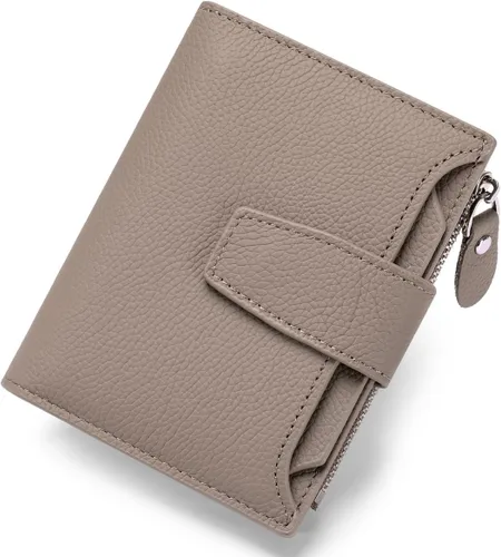 Vista 11 de Cartera de piel plegable con bloqueo RFID para mujer, tarjetero compacto con bolsillo con cremallera para monedas y 4 ventanas de identificación