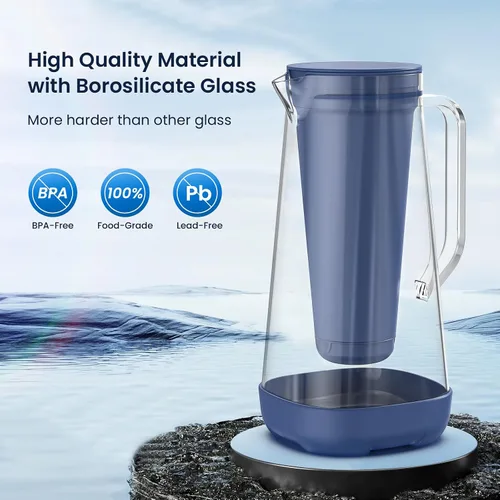 Vista 3 de GLACIER FRESH Jarra de agua de vidrio Purela de 7 tazas con 1 membrana de ultrafiltración y filtro de carbón activado, reduce el 99% del cloro, PFOA
