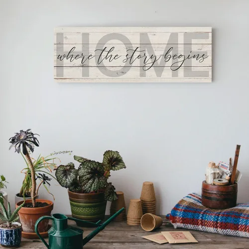 Vista 2 de Letrero familiar decorativo para el hogar donde comienza la historia, palabras inspiradoras, citas, placa de pared, impresión en lienzo de familia