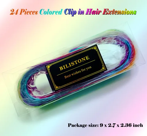 Vista 5 de 24 extensiones de cabello con clip de color, 22 pulgadas de largo, lacio, sintético, multicolor, resaltado para fiestas, para mujeres y niñas
