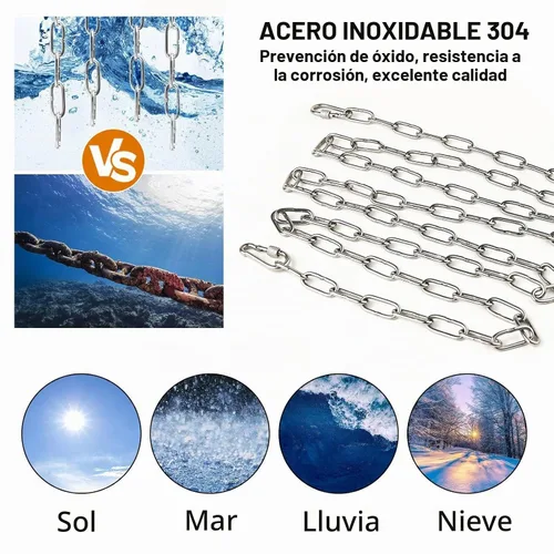 Vista 4 de Cadena de eslabones de acero inoxidable de 1/8 pulgadas, cadena de bobina de acero inoxidable 304 resistente con mosquetones, 2 cadenas de seguridad