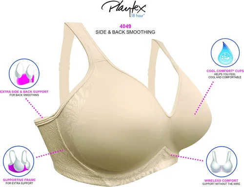 Vista 9 de Playtex womens 18 Hour Side & Back Smoothing Wireless Bra, Cool Comfort Wire-Free Bra, Single Or 2-Pack