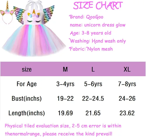 Vista 6 de Disfraz de princesa de unicornio para niñas con luz LED, para cumpleaños, Navidad, fiestas, regalos, con diadema