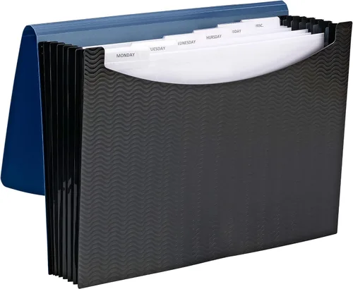 Vista 4 de Smead Poly clasificadora, 6 separadores, cierre de solapa y cordón, tamaño carta, patrón de ondas, azul/negro (70872) Un organizador de carpetas