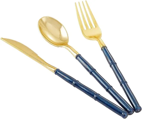Vista 15 de Supernal 102 cubiertos de plástico dorados, cubiertos dorados con mango negro, colección de cubiertos desechables, incluye 34 tenedores de plástico