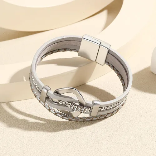 Vista 2 de Long tiantian Pulsera de cuero con corazón de 2 capas apilable con cierre de diamantes de imitación, joyería bohemia regalo para mujer
