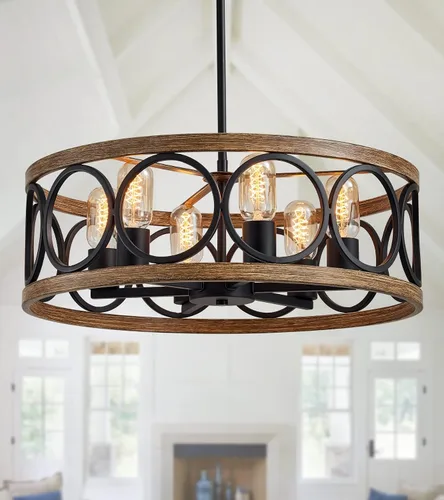 Vista 11 de MEIXISUE Lámparas de Techo de Montaje Semi-empotrado Estilo Granja Moderna, 3 Luces Acabado Negro y Madera Retro, Pantalla de Tambor Lámparas