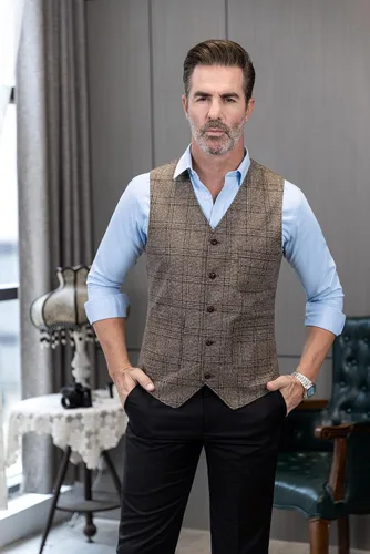 Vista 5 de Chaleco de traje vintage para hombre, chaleco de tweed a cuadros, chaleco de ajuste regular para padrinos de boda