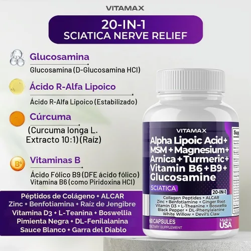 Vista 6 de Apoyo para la salud del nervio ciático - Suplemento para el nervio ciático en cápsulas con ácido fólico, guisante, glucosamina, MSM, complejo