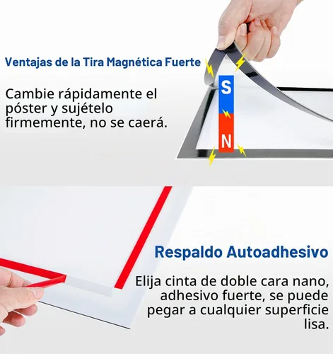 Vista 5 de Soporte para Letrero de Pared de 8.5" x 11" de Acrílico, Marco de Exhibición Magnético Autoadhesivo con Cinta Nano y Borde Magnético Fuerte