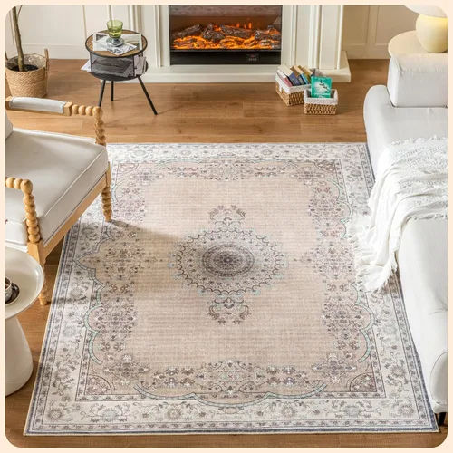 Vista 105 de Istana Alfombra larga antideslizante de 2.5 x 8 para el hogar, para pasillo y cocina, lavable, sedosa y suave al tacto, elegante, color azul y marfil