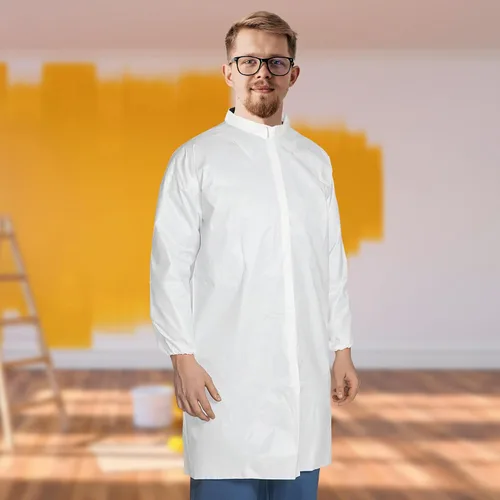 Vista 7 de AMZ Disposable Lab Coat, Medium. Pack of 10 White Disposable Lab Coats for Adults. 60 GSM Microporous Disposable Coats Medical PPE with Elastic
