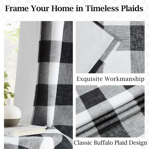 Vista 3 de Cortinas cortas de lino texturizado con diseño de búfalo blanco y negro a cuadros, 100% opacas con forro, paneles de estilo granja