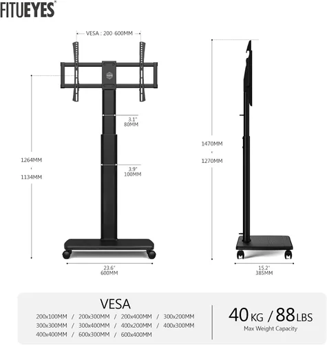 Vista 6 de FITUEYES Soporte de TV móvil para piso para televisores de 32 a 65 70 pulgadas, soporte de TV portátil alto con ruedas, carrito de TV móvil negro