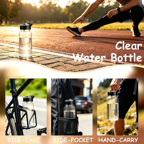 Vista 5 de Paquete de 6 botellas de agua transparentes con mango de tapa con popote, botellas de agua reutilizables de 14 onzas a granel, boca ancha, a prueba
