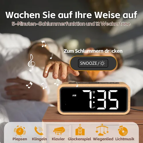 Vista 3 de Alarm Clock Loud for Deep Sleepers, Wooden Alarm Clock with LED Display, 12 Alarm Ringtones, 5 Brightness Adjustable, 5 Volumes, Manual DST, Brown