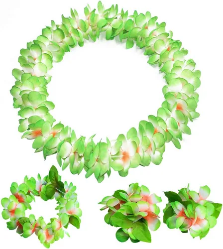 Vista 6 de 4 piezas de leis hawaianos de color verde claro con hojas verdes para fiesta de graduación, fiesta de baile, accesorio de fotos en exteriores