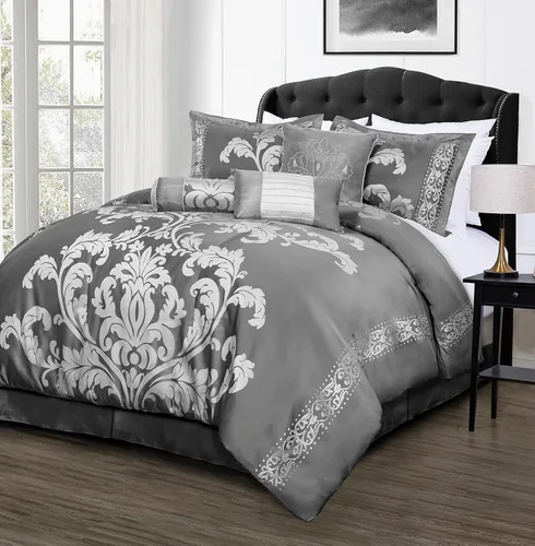 Vista 21 de Chezmoi Collection Juego de edredón floral de jacquard Royale de 7 piezas, matrimonial/doble, negro/dorado