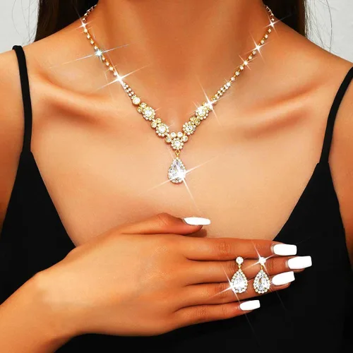 Vista 3 de Unicra Juego de collar y aretes de novia de plata para novia, juego de joyas de boda con diamantes de imitación para mujeres y novias
