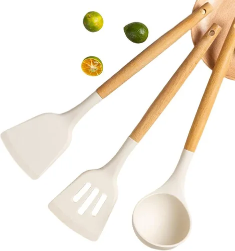 Vista 6 de Juego de 3 espátulas grandes de silicona ranuradas, cuchara con mango de madera resistente al calor, utensilios de cocina antiadherentes, espátula