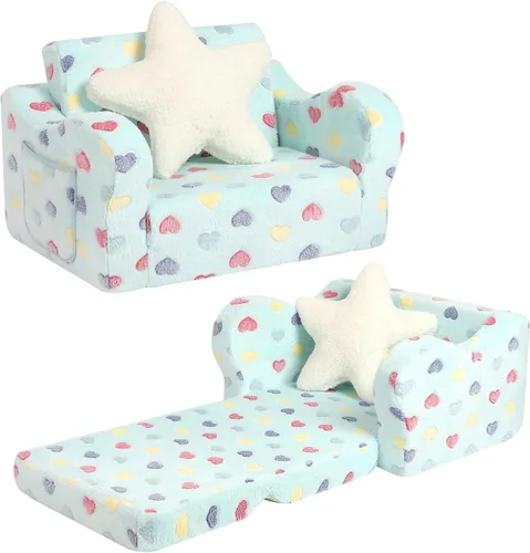 Vista 12 de MOMCAYWEX Sofá para bebé, 2 en 1, sofá suave para niños plegable con almohada de estrellas, sofá plegable para convertir en sofá cama, extra ancho