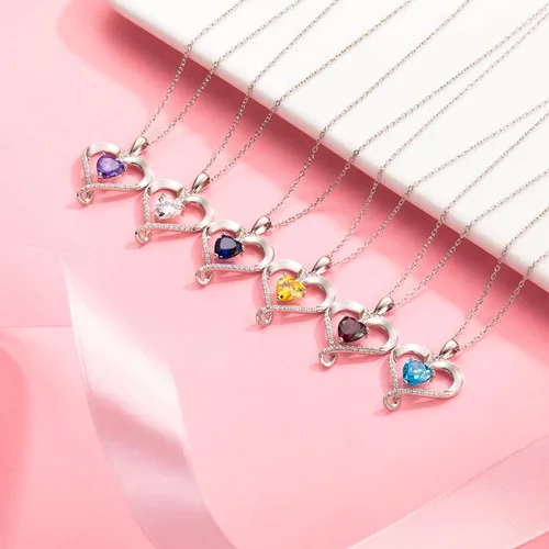 Vista 3 de Collar de piedra natal para mujer, collar de corazón de oro blanco de 18 quilates con relleno de plata de ley 925, joyería de diamante para mujer