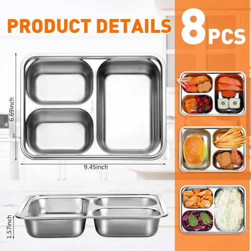 Vista 2 de Zopeal Paquete de 8 platos divididos de acero inoxidable 304 bandejas rectangulares de metal para adultos y niños, control de porciones