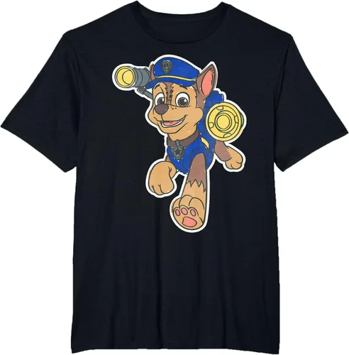 Vista 80 de Paw Patrol Chase Character Patch - Camiseta negra de manga corta con cuello redondo y ajuste clásico, talla S Negro