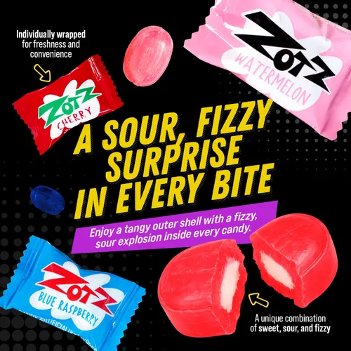 Vista 4 de Zotz Caramelos efervescentes a granel (surtidos, 46 unidades) - Caramelo duro envuelto individualmente - Surtido de 3 sabores de frutas, cereza