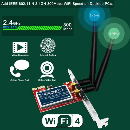 Vista 10 de Adaptador de red inalámbrico N 2.4GHz 300Mbps PCIE para Windows 11, 10, 8.1, 8, 7, XP (32/64bit), Windows Server y Linux PCs, tarjeta WiFi PCIE