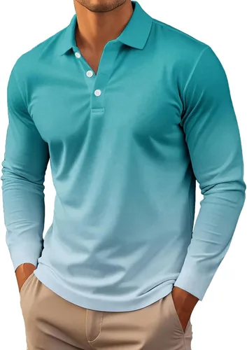 Vista 21 de Polo degradado para hombre, manga larga, con botones, cuello ligero, para golf y tenis