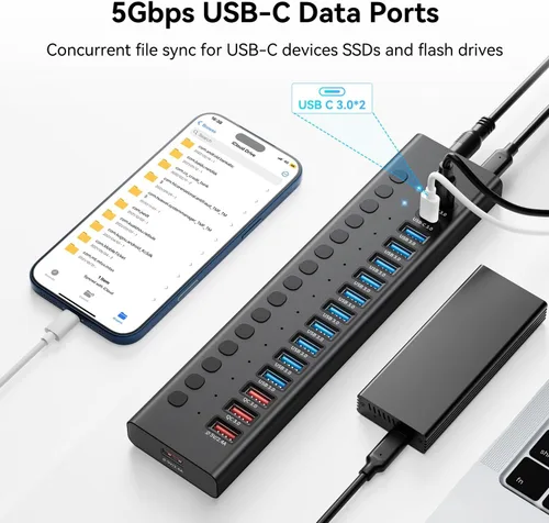 Vista 4 de Hub USB 3.0 alimentado, Splitter de Hub USB de 16 puertos (10 USB-A 3.0+2 QC 24W de carga rápida+2 de carga inteligente+2 puertos USB-C 3.0)