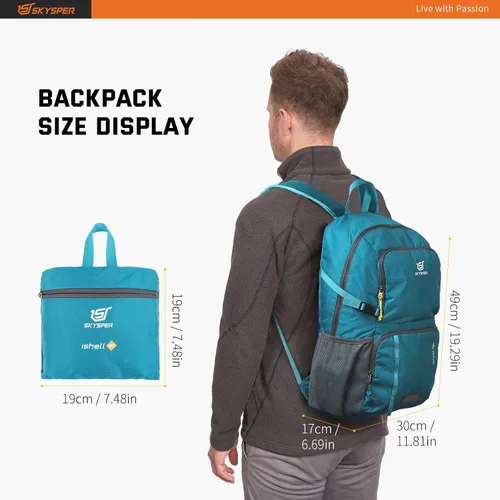 Vista 6 de SKYSPER Mochila ligera y plegable – Mochila de senderismo de 30L con bolsillo húmedo, mochila plegable de viaje para mujeres y hombres
