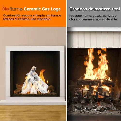 Vista 5 de Skyflame - 6 troncos de madera de abedul blanco de cerámica para chimenea Juego de troncos de chimenea de gas, inserciones de gas