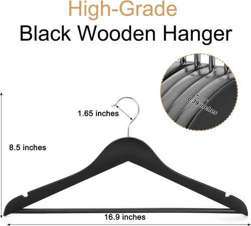 Vista 2 de TOPIA HANGER Perchas de madera para abrigos, paquete de 30 perchas de madera negra, gancho giratorio de 360° y muescas antideslizantes